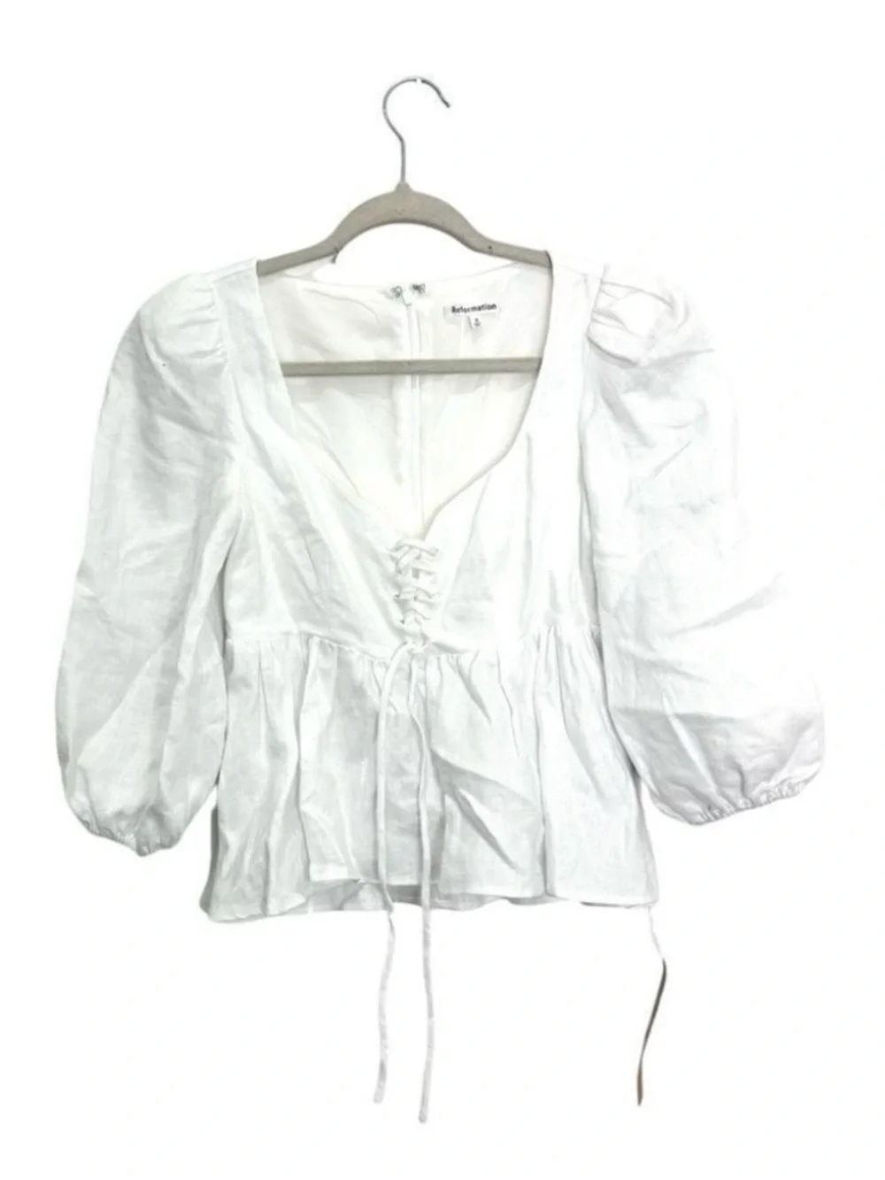 Reformation White Lace-Up Peplum Puff Sleeve Blouse